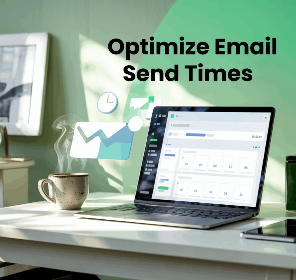 Professional workspace with laptop showing email inbox, calendar planner, and clock symbolizing best time to send marketing emails for small businesses.