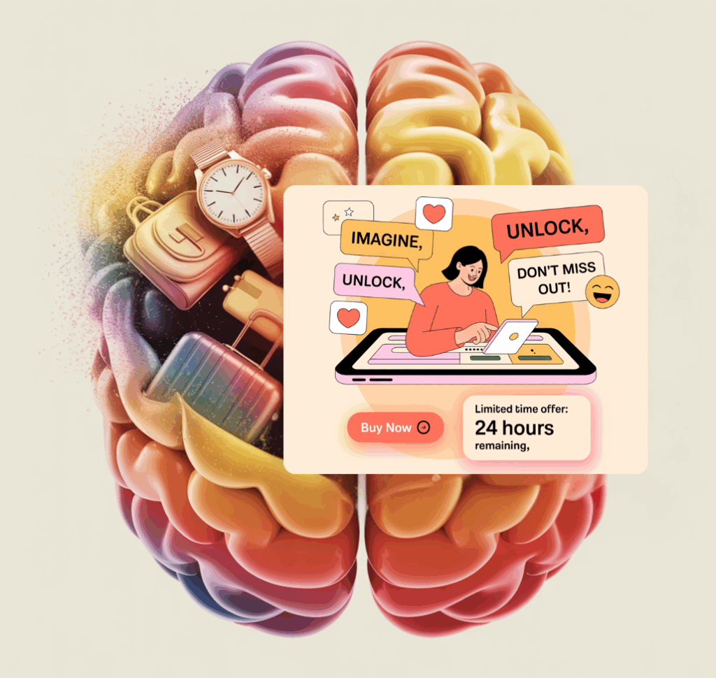 Illustration of a shopper viewing emotionally driven sales copy with phrases like “Unlock,” “Don’t Miss Out,” and “Imagine” on a product page.