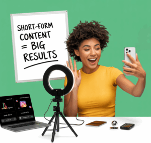 Business owner recording a short-form educational video for TikTok, Instagram, and YouTube Shorts with engagement icons and social media elements