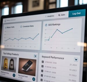 Optimized product listings on an ecommerce site with keyword-rich titles and SEO performance dashboard in the background.