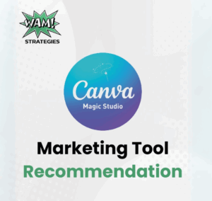 Small business owner designing visuals using Canva AI Magic Studio on a laptop, surrounded by content creation tools and vibrant templates.