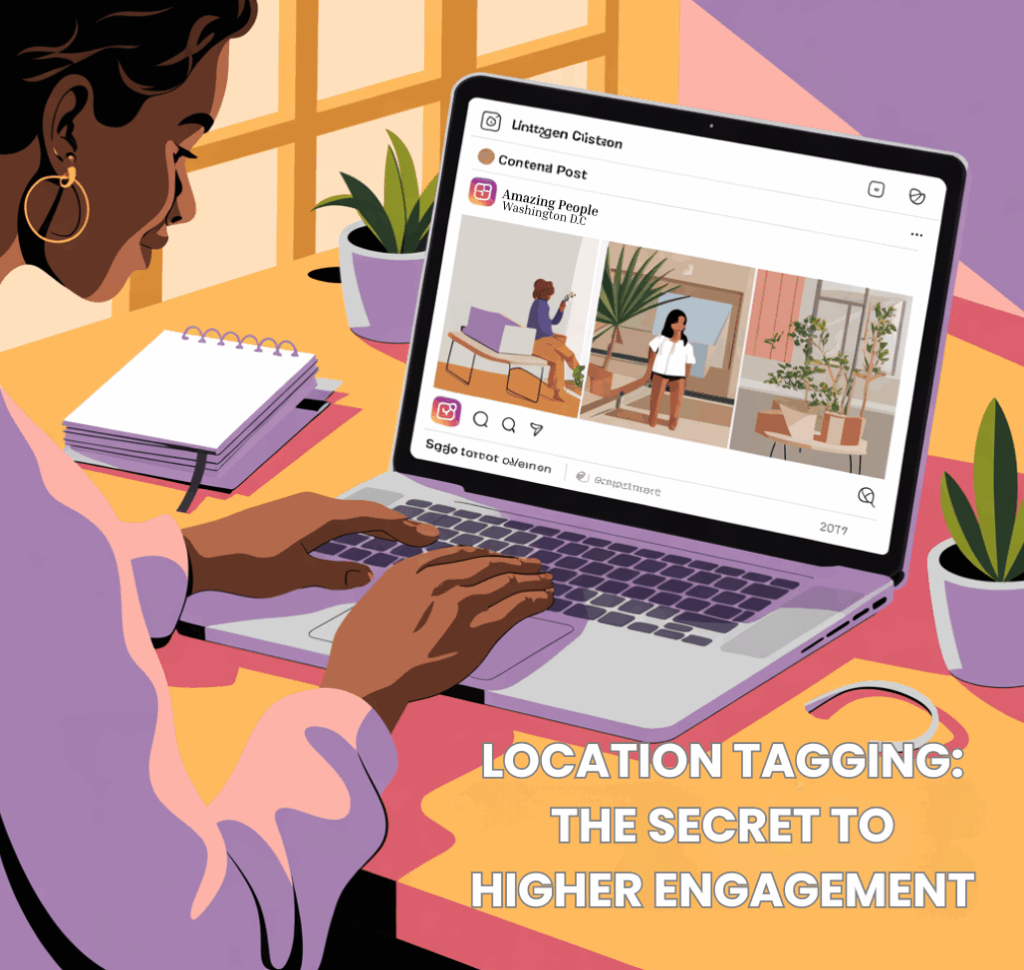 Small business owner using location tagging on a social media post to boost engagement in the U.S.