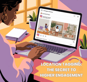 Small business owner using location tagging on a social media post to boost engagement in the U.S.