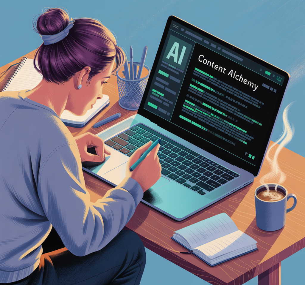 Business owner editing AI-generated content with personal brand insights in a workspace.