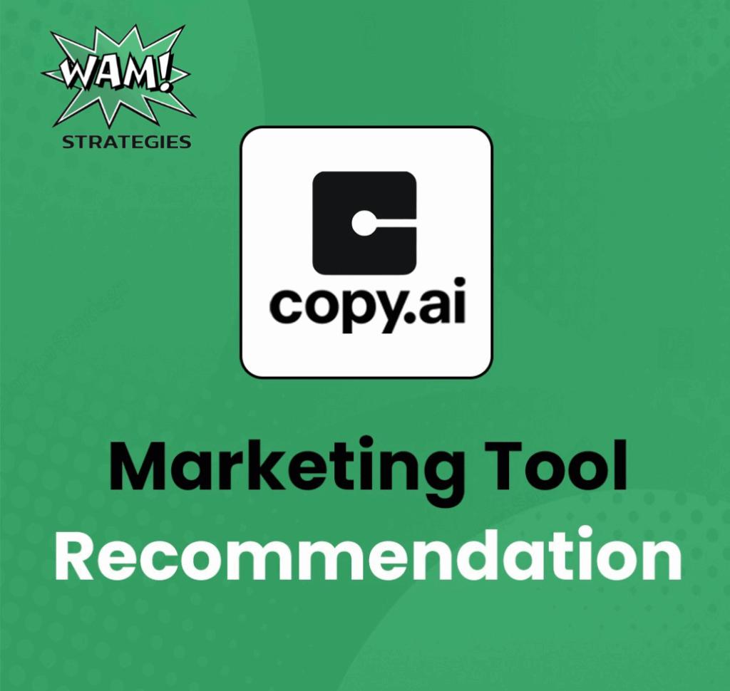 Laptop screen showing Copy.ai AI-powered writing assistant generating marketing content for small businesses, with a professional workspace setup.