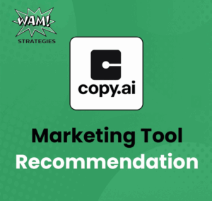 Laptop screen showing Copy.ai AI-powered writing assistant generating marketing content for small businesses, with a professional workspace setup.