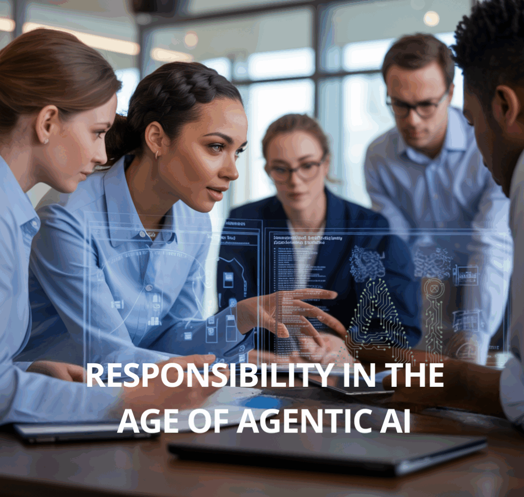 Business professionals reviewing AI system performance and ethical decision-making in a modern office, symbolizing accountability in the age of agentic AI.