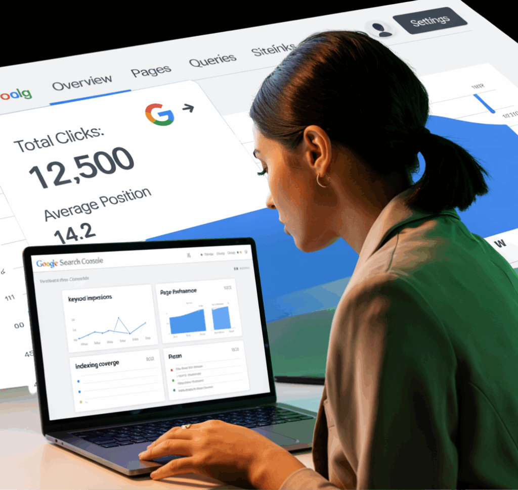 Business owner analyzing Google Search Console metrics on a laptop to track website performance and SEO traffic.