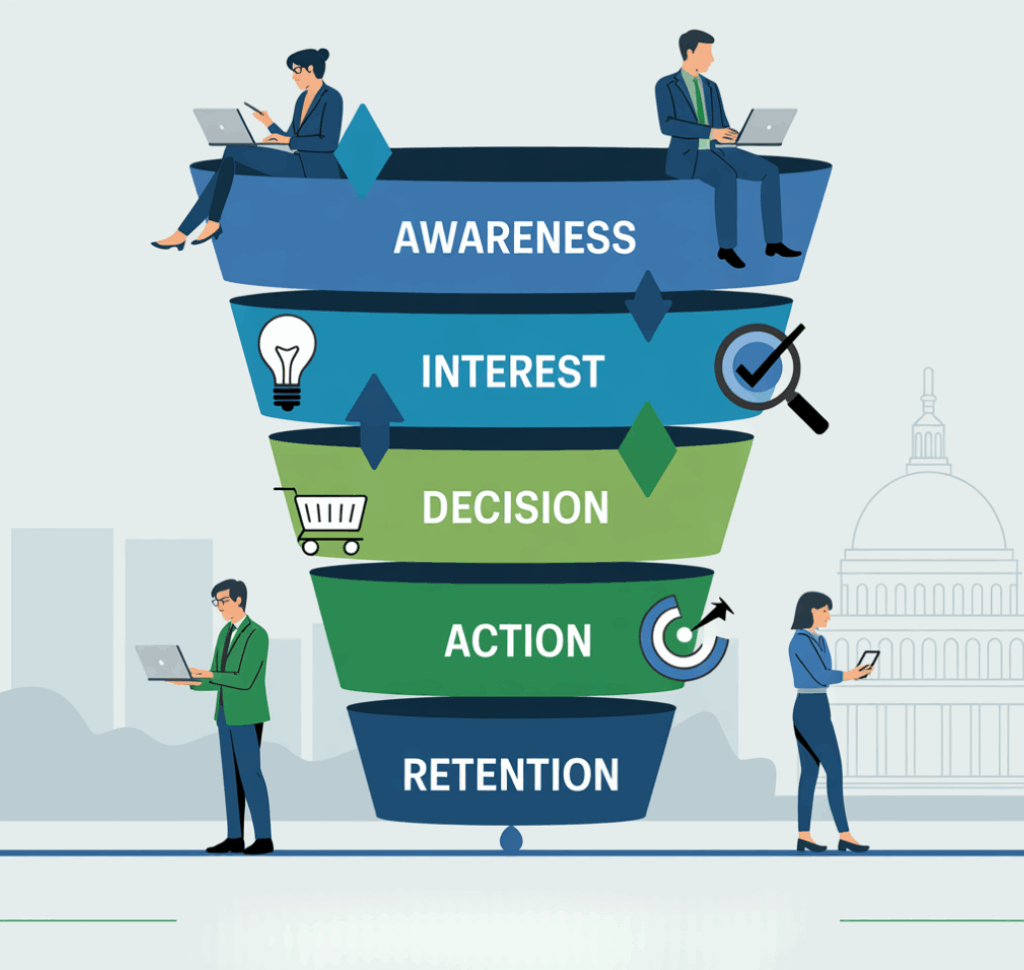 Professional visual of a step-by-step sales funnel process designed to guide customers from discovery to checkout, with clear CTAs at every stage, created by WAM Strategies for businesses in the United States and Washington, DC area.